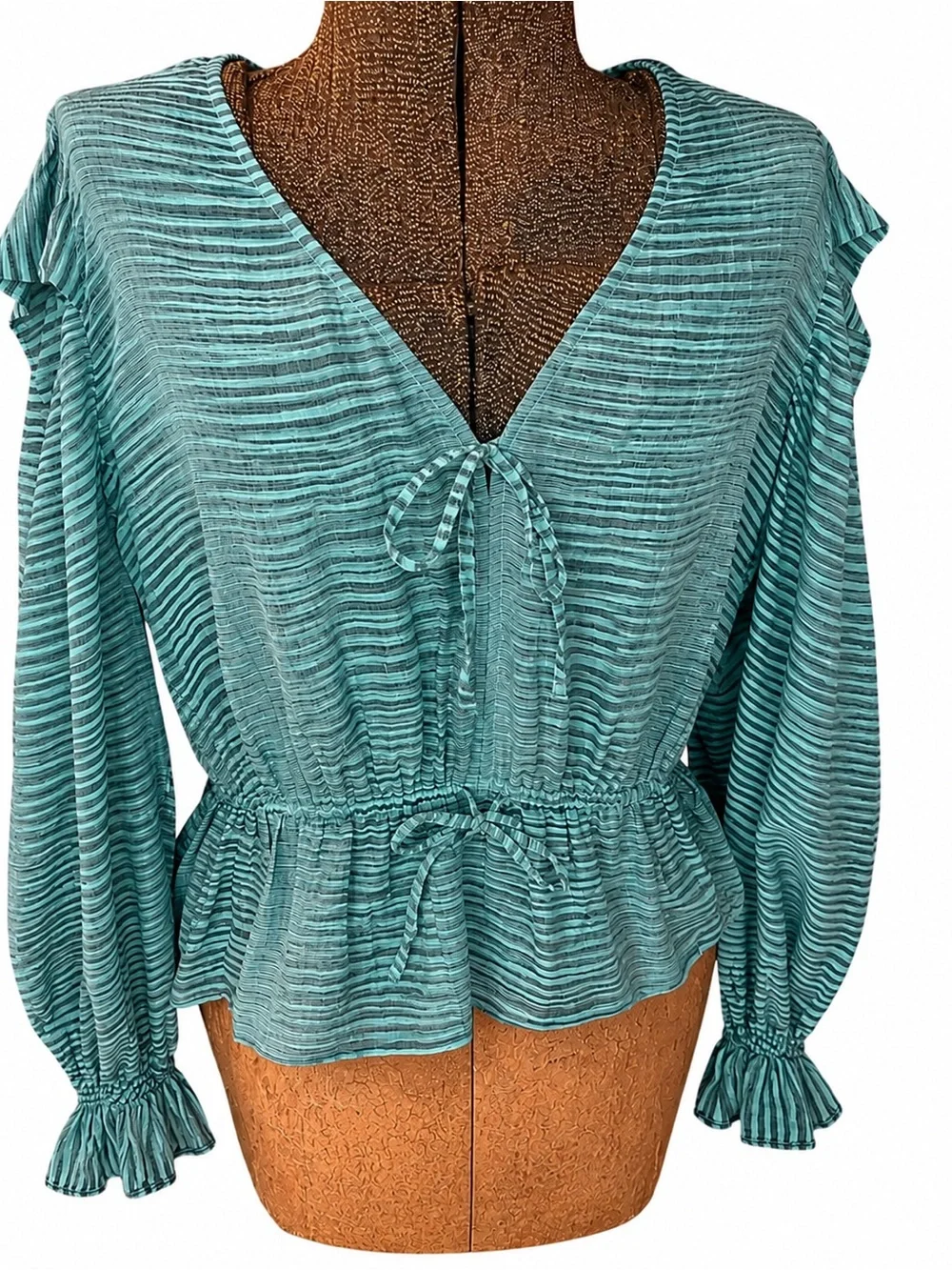 Ulla Johnson Ophelia Teal Striped Cotton Peplum Blouse Size 12